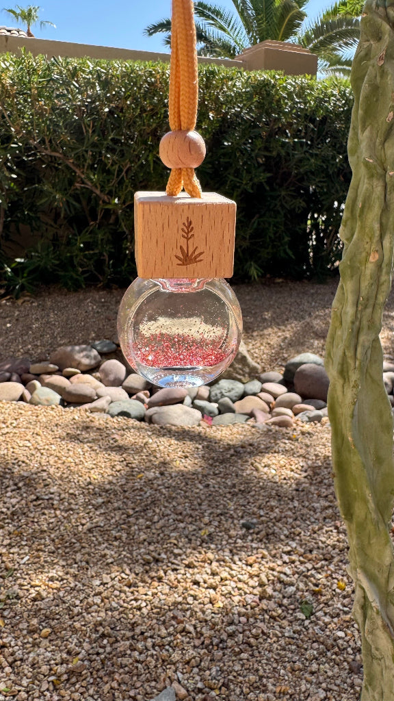 A small hanging glass diffuser bottle with a wooden top and a tan loop, shown outdoors on a gravel path with rocks and greenery in the background.