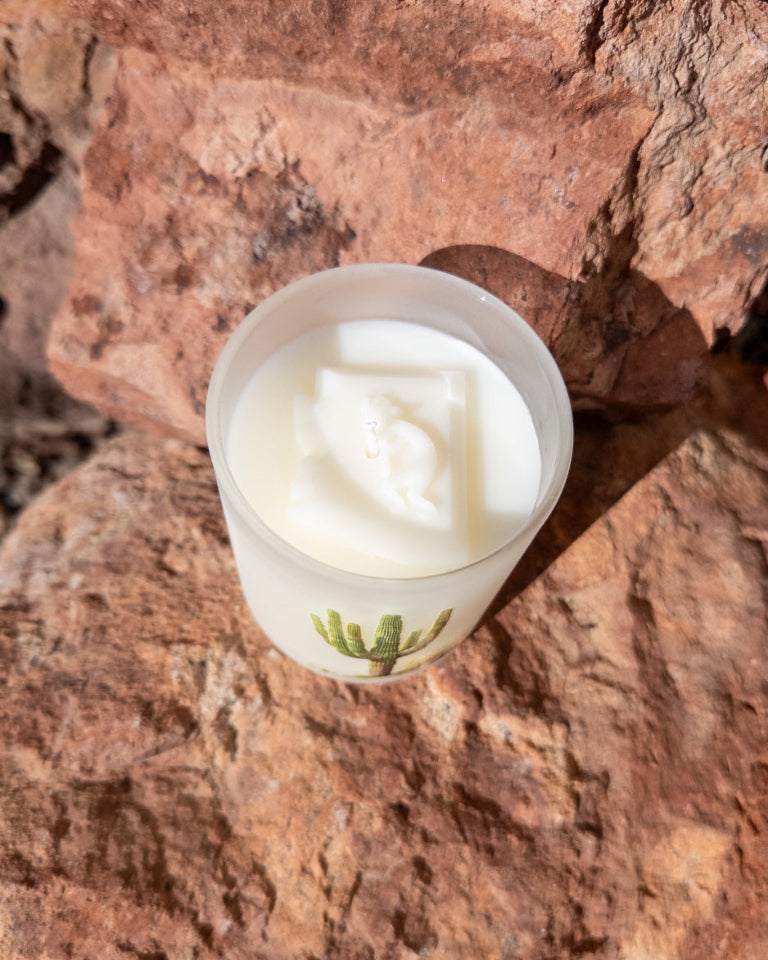 Cactus Water coconut soy candle in a printed frosted glass vessel with a green saguaro cactus design.