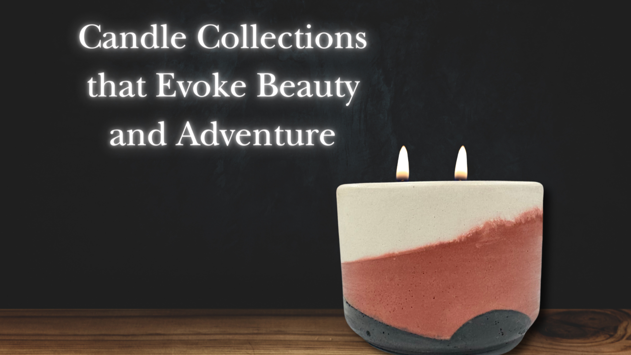 Candle Collections that Evoke Beauty and Adventure with a picture of a concrete cement candle and wo lit wicks