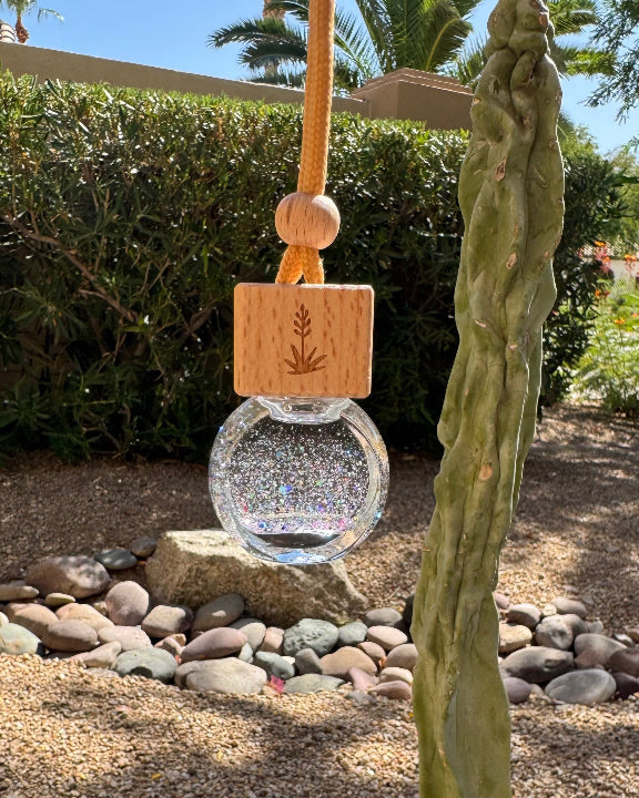 Desert Rain 8 mL hanging car diffuser with silver holographic glitter, engraved wooden lid, and orange cord.