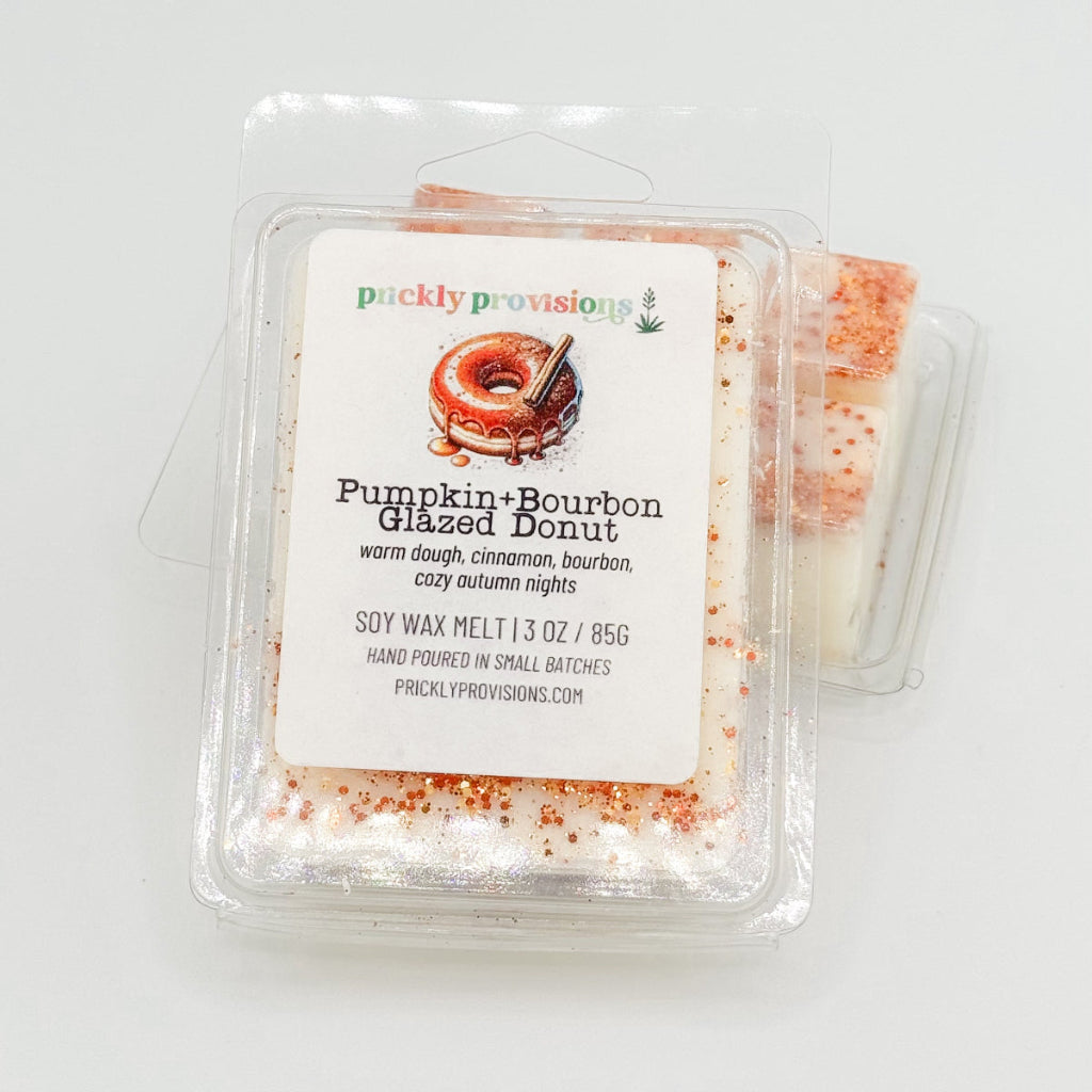Bourbon Glazed Donut wax melts in a clear 2.5 oz six-cavity clamshell