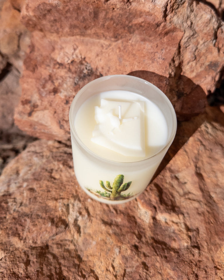 Sonoran Desert coconut soy candle in a printed frosted glass vessel with saguaro and prickly pear artwork.