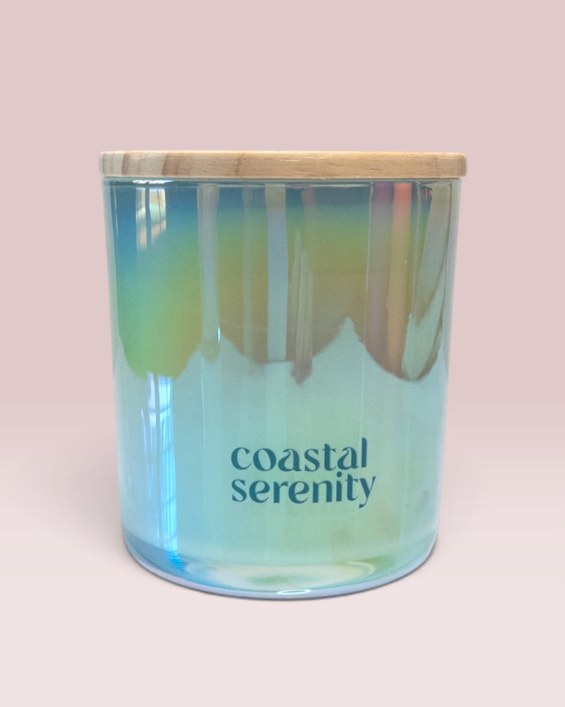 Coastal Serenity 12 oz wood-wick candle in iridescent cloud glass
