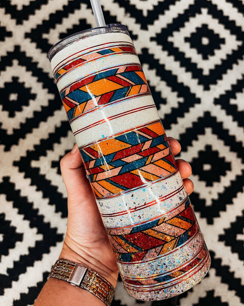 tumbler cup customized with glitter and a stained glass southwest pattern
