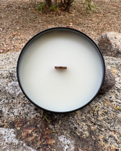 Open 7 oz candle with a single wooden wick