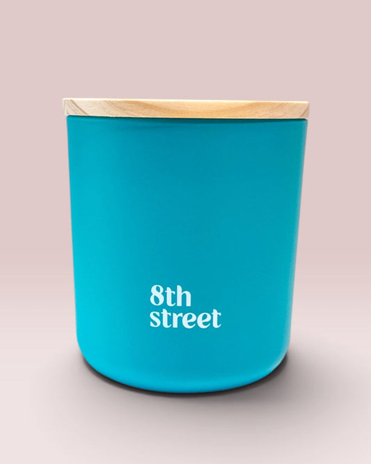 8th Street 12 oz wood-wick candle in matte agave glass with coordinating wood lid