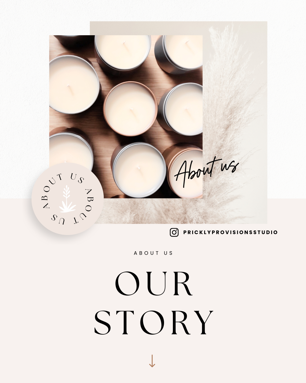Candles arranged in a circular pattern with 'About Us' text overlay on a light background.