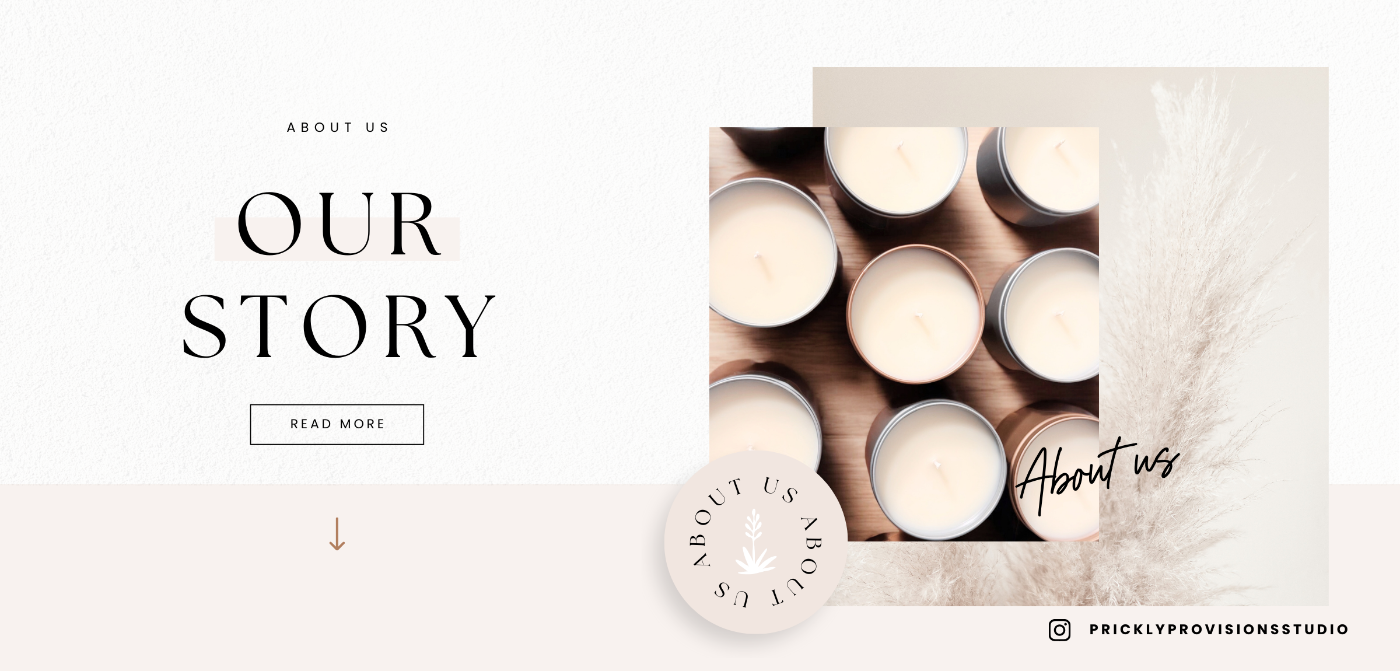 Candle-themed 'About Us' section with candles and text on a light background
