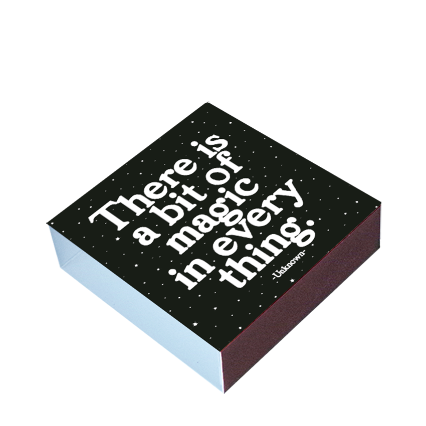 Black box with white text and a blue base on a white background