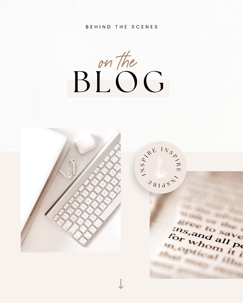 Laptop with keyboard on a white surface, with text 'Behind the Scenes on the Blog' and 'Inspire' logo.