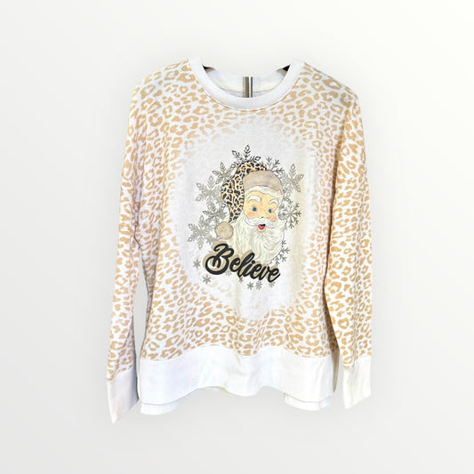 Sweatshirt with leopard print pattern and graphic design on a white background
