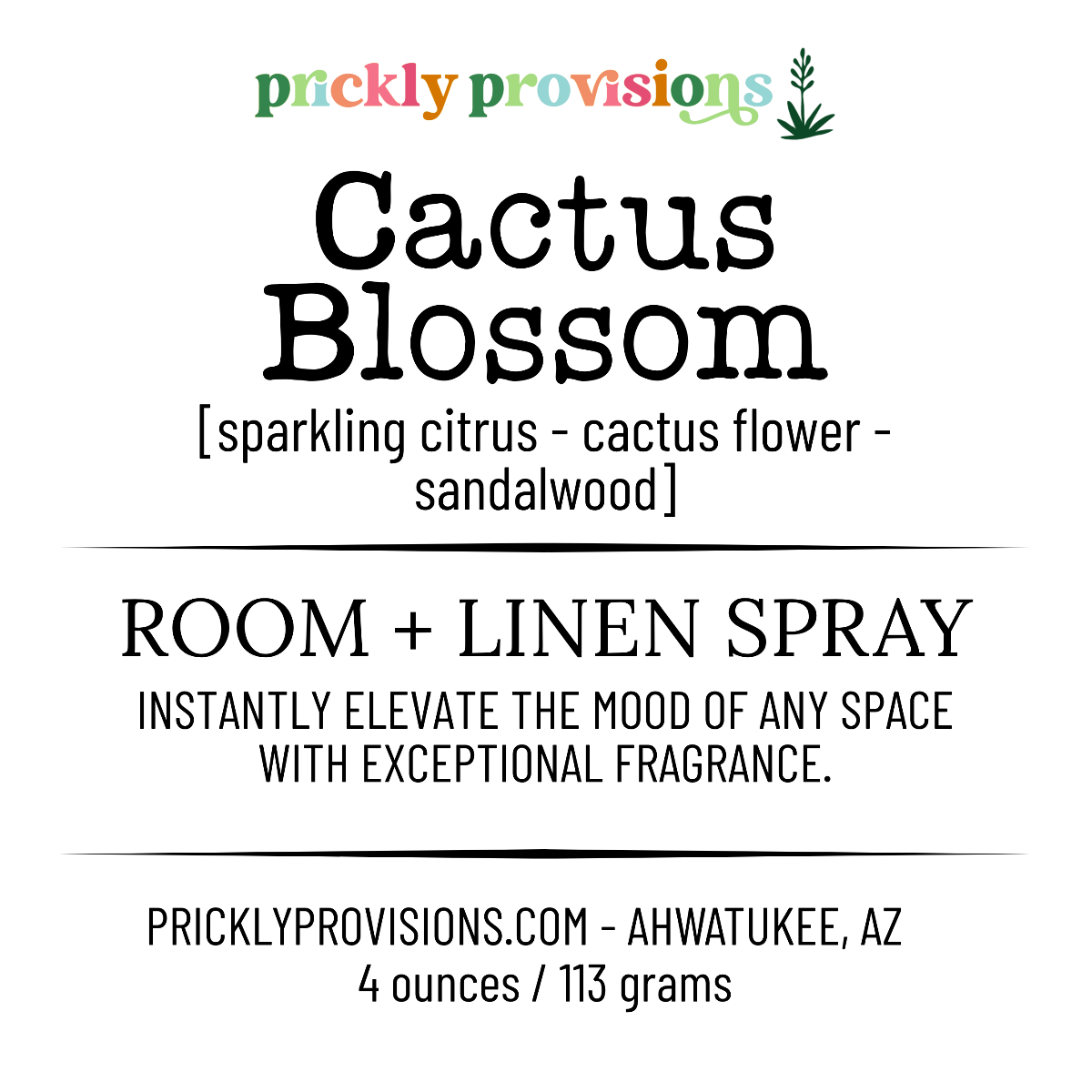 Label for Prickly Provisions Cactus Blossom room and linen spray with product details and branding.