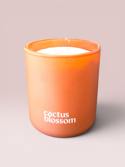 Cactus Blossom 9 oz double-wick candle in a matte clay glass vessel.
