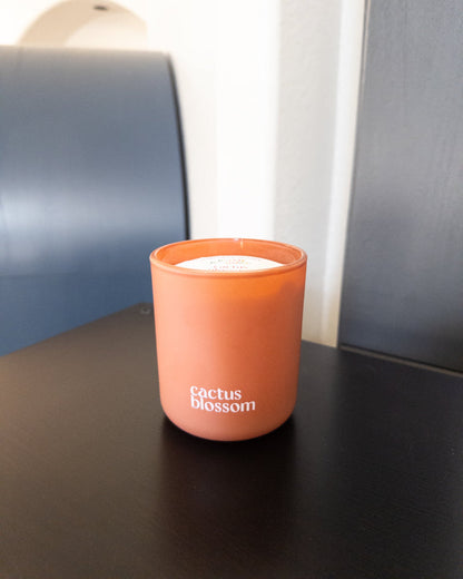 Cactus Blossom 9 oz double-wick candle in a matte clay glass vessel.
