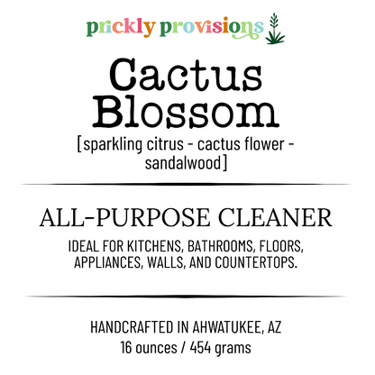 Label for Cactus Blossom all-purpose cleaner by Prickly Provisions on a white background.