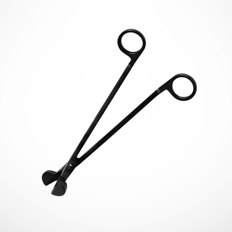 Black candle wick trimmer on a white background