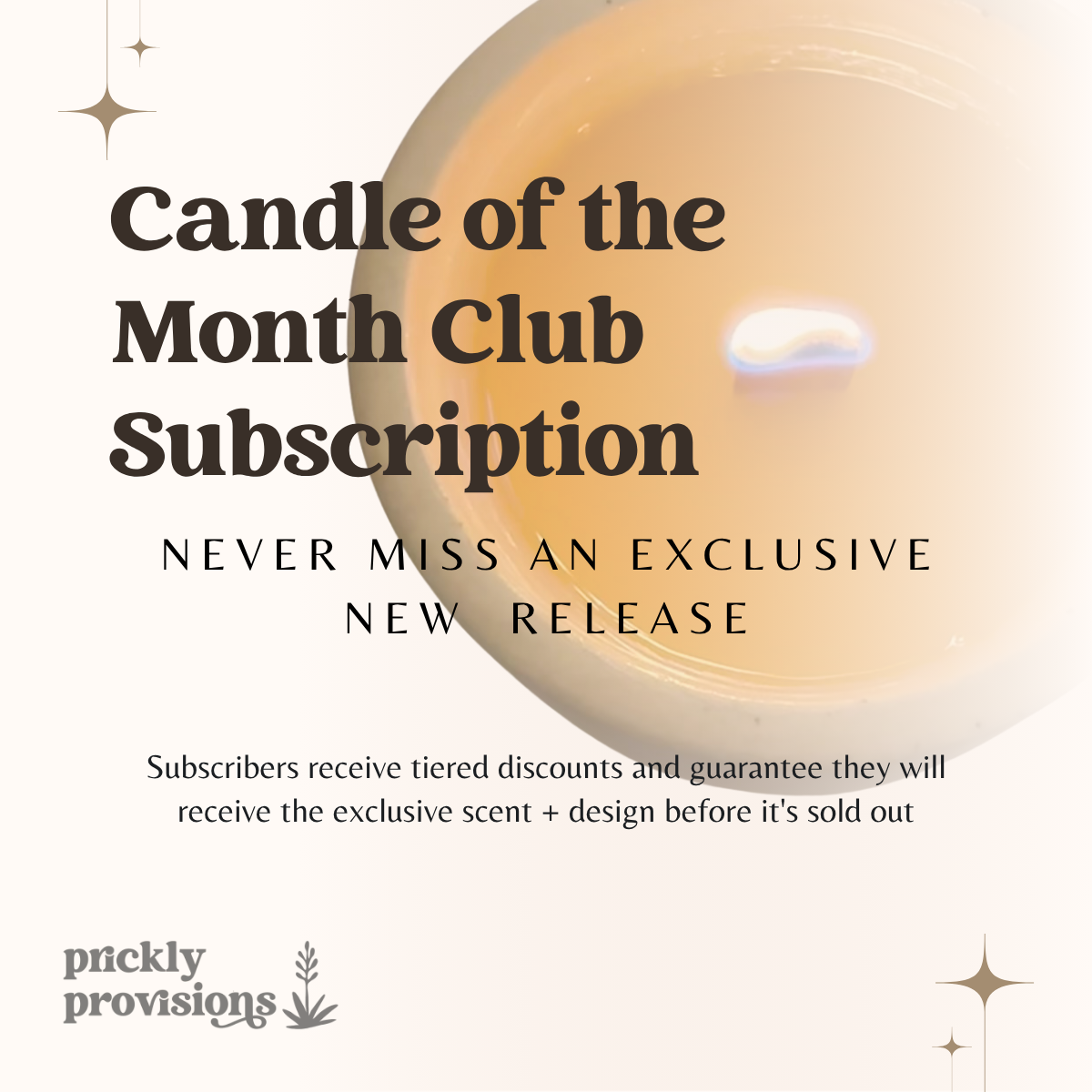 Advertisement for Candle of the Month Club Subscription with a candle and text on a light background.