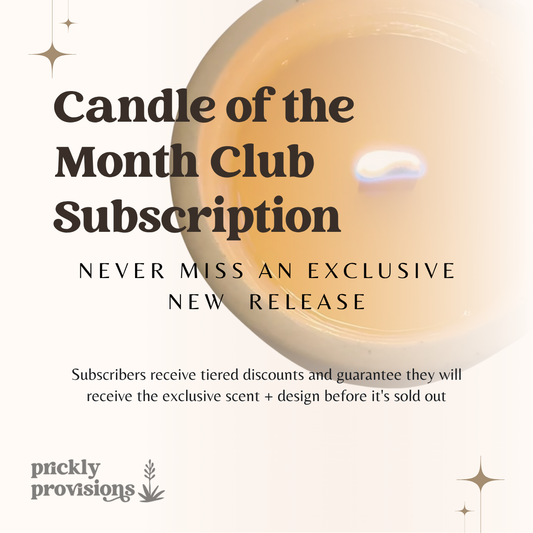 Advertisement for Candle of the Month Club Subscription with a candle and text on a light background.