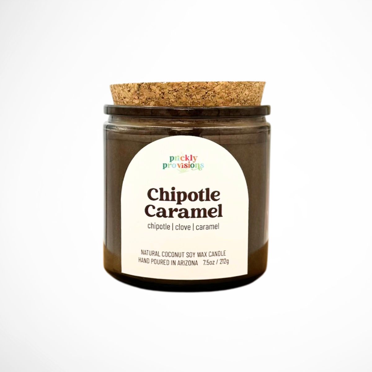 Candle jar with cork lid labeled 'Chipotle Caramel' on a white background