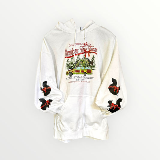 White hoodie with Christmas-themed design on a white background