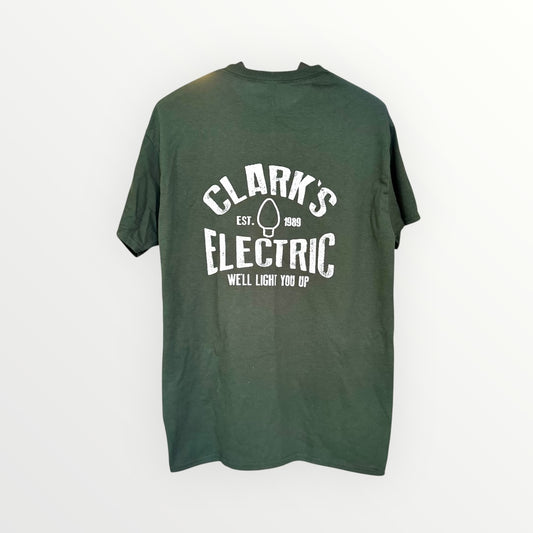 Green t-shirt with 'Clark's Electric' print on a white background