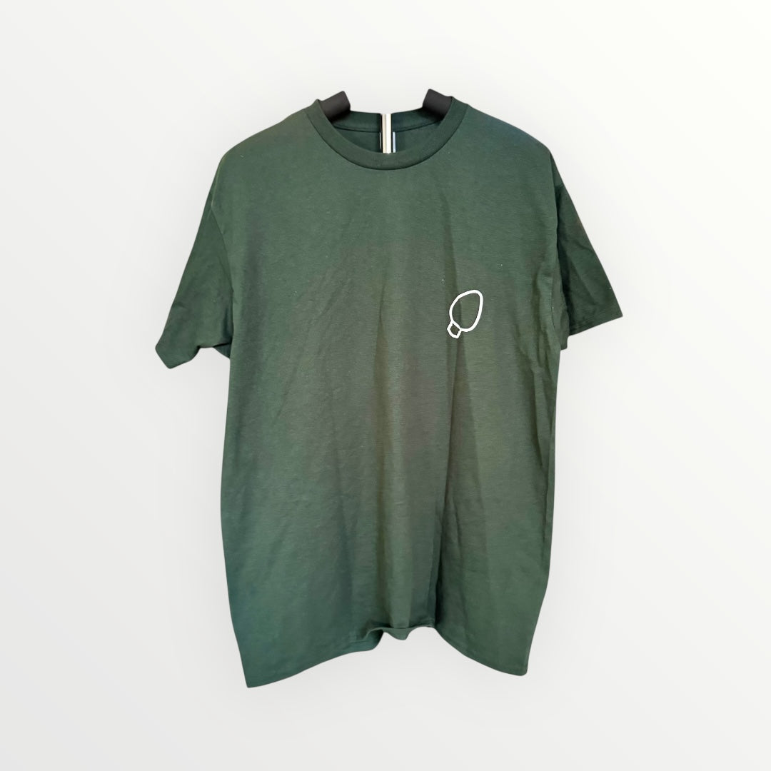 Green t-shirt with a small white logo on a light gray background