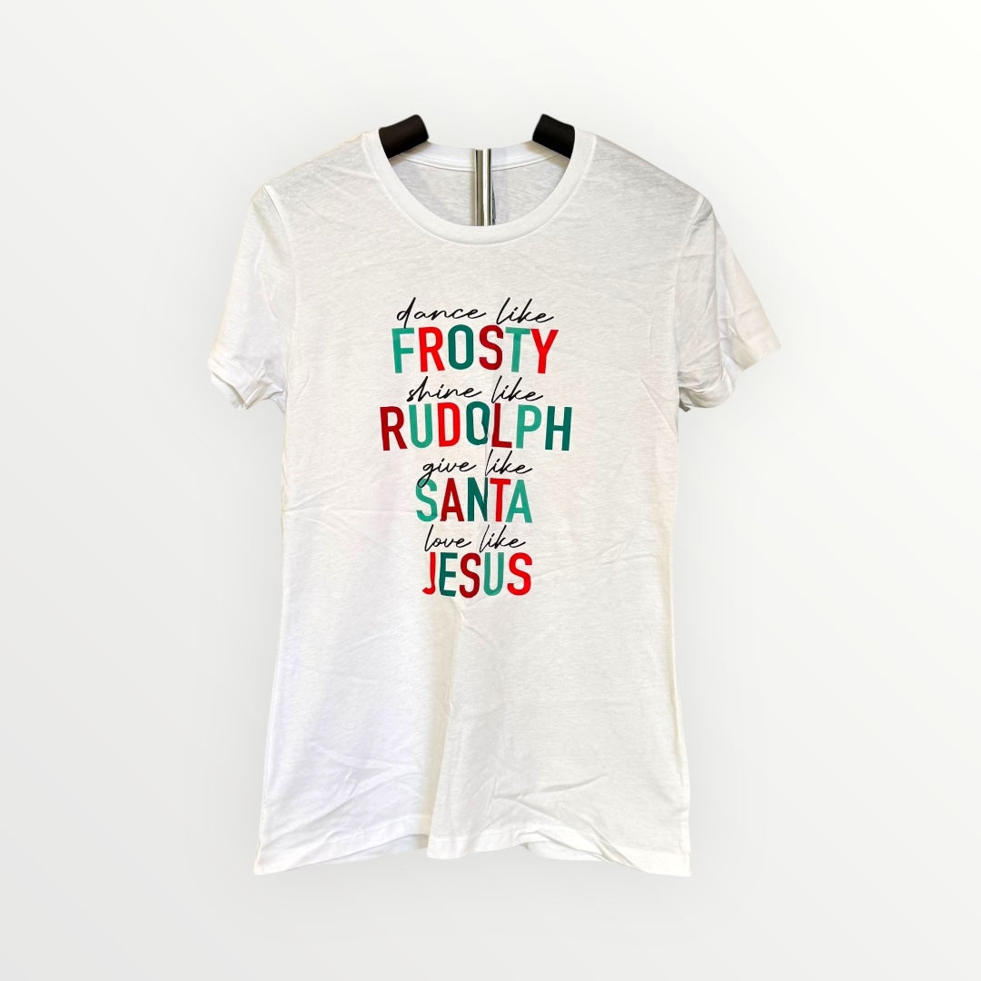 White t-shirt with colorful Christmas-themed text on a white background