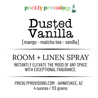 Label for 'Dusted Vanilla' room and linen spray by Prickly Provisions with product details and branding.