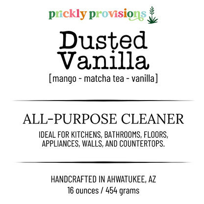 Label for 'Dusted Vanilla' all-purpose cleaner by prickly provisions on a white background.