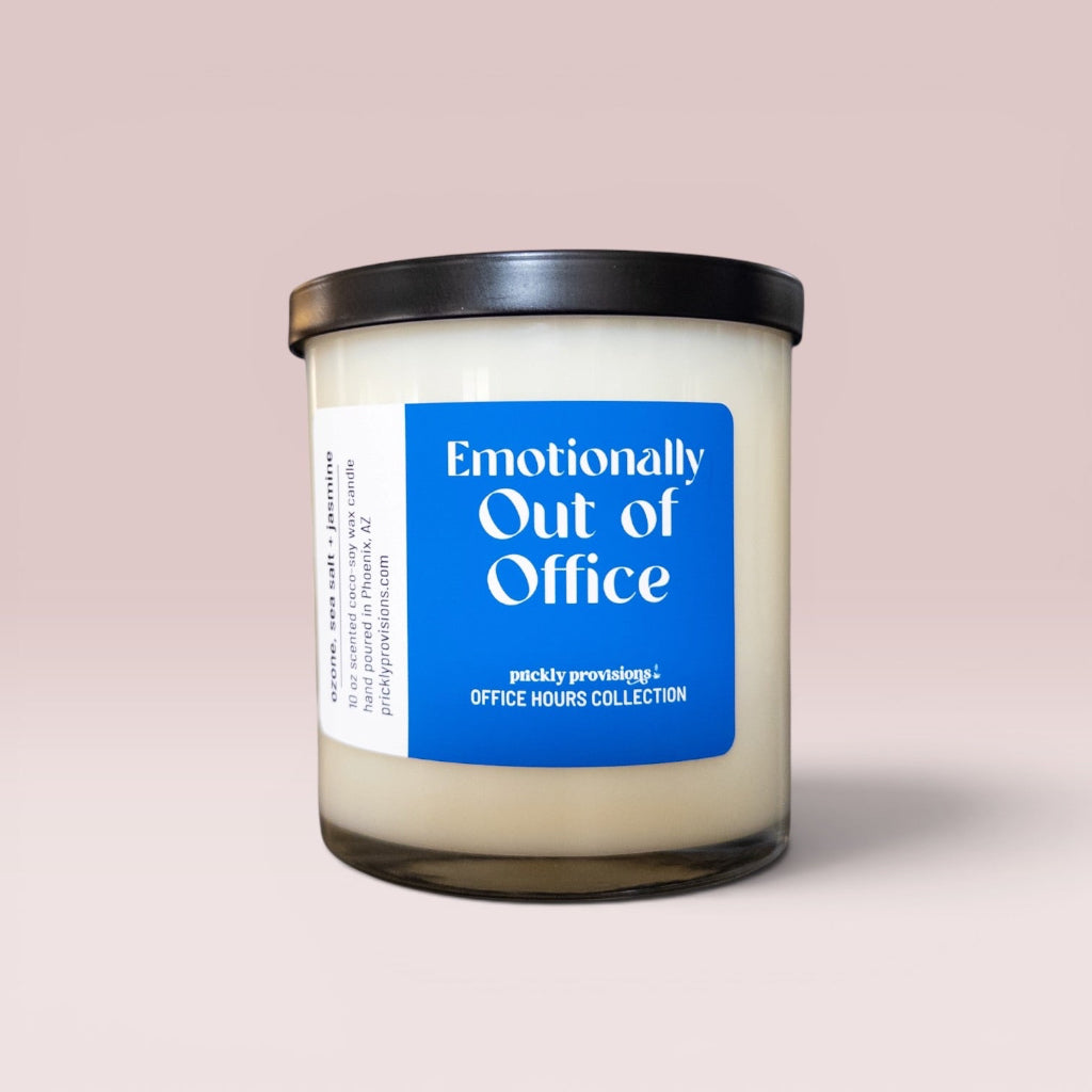 Emotionally Out of Office 10 oz double-wick office candle with black metal lid.