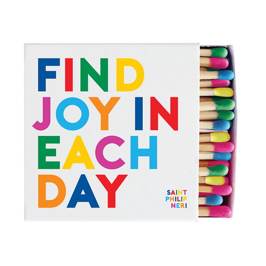 Find Joy in Each Day decorative matchbox with multicolored lettering and colorful matches
