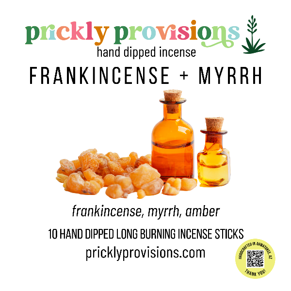 Promotional image of prickly provisions frankincense and myrrh incense with bottles and frankincense resin.