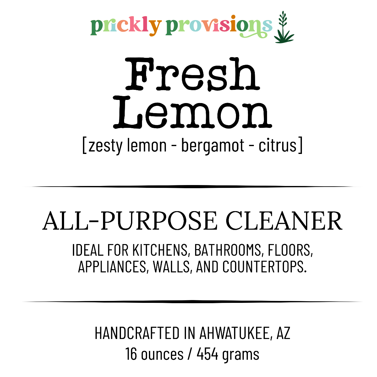 Label for 'Fresh Lemon' all-purpose cleaner by Prickly Provisions on a white background.