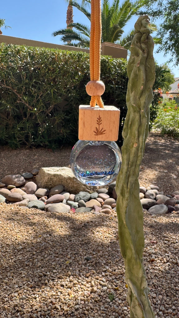 A glass hanging ornament with a clear round bowl, a light wood block engraved with a leaf, and an orange braided cord, suspended outdoors in a garden setting.