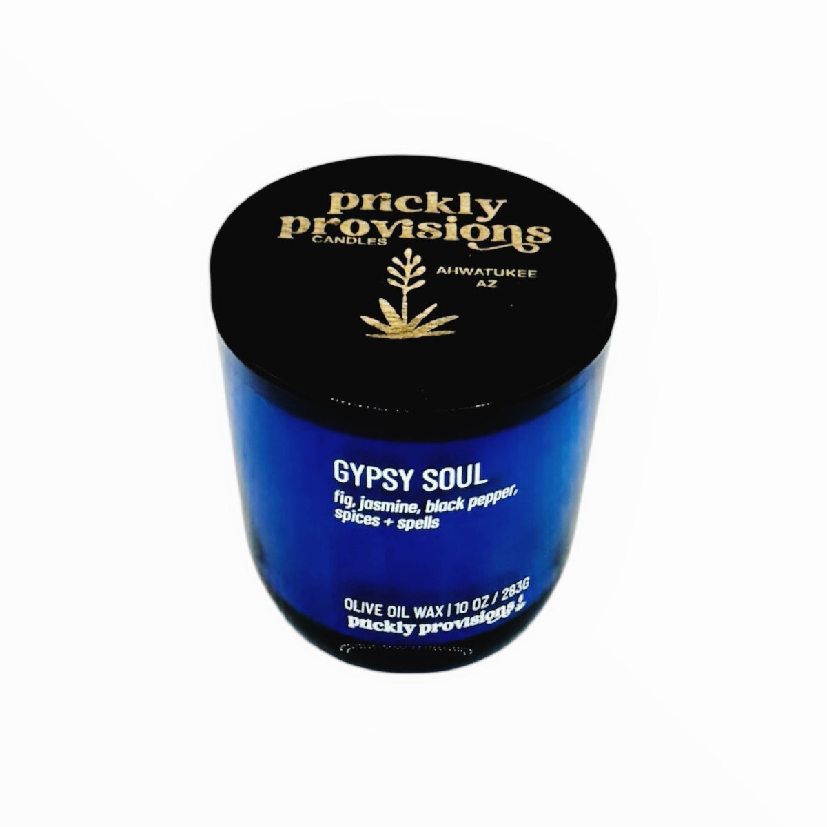 Blue candle jar with black lid featuring 'prickly provisions' branding on a white background