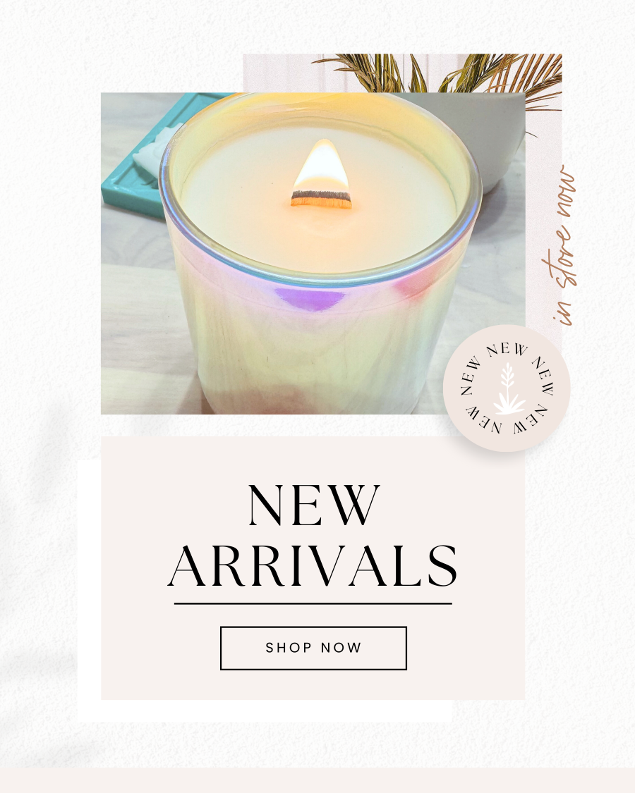 Candle in a colorful glass jar with a 'New Arrivals' label and 'Shop Now' button on a white background.