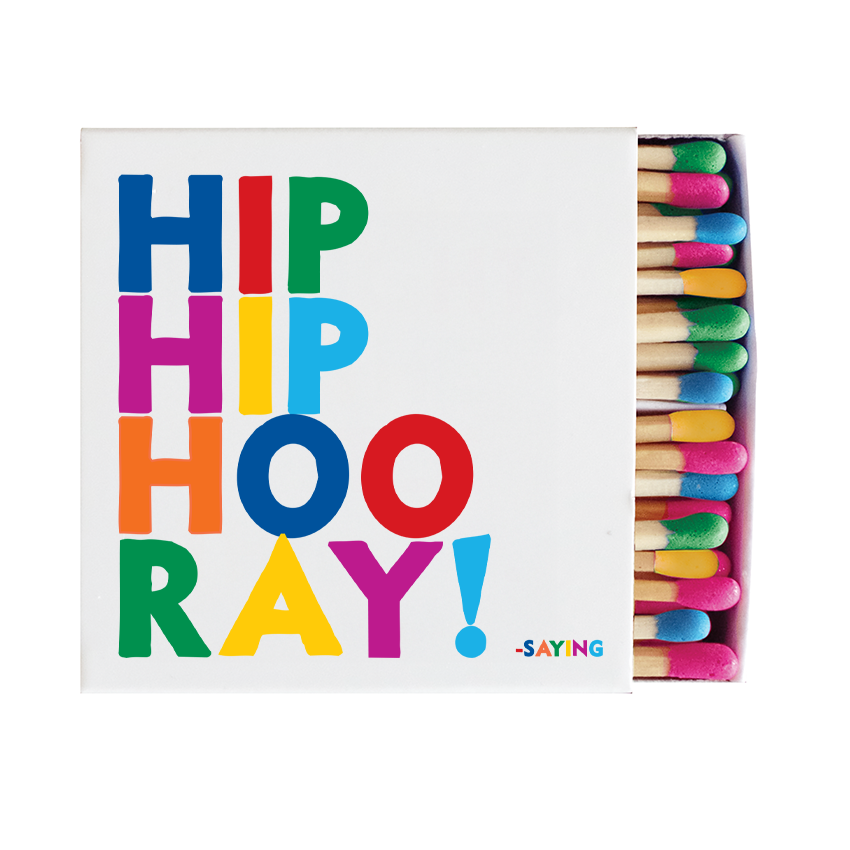 Hip Hip Hooray decorative matchbox with multicolored lettering and colorful coordinating matches
