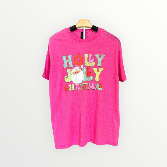 Pink t-shirt with 'Holly Jolly Christmas' text and Santa Claus graphic on a white background