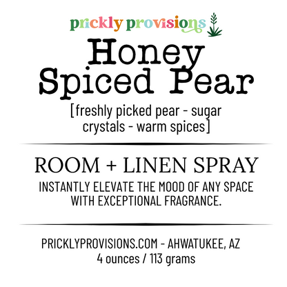 Label for Honey Spiced Pear room and linen spray by Prickly Provisions with text and icons.
