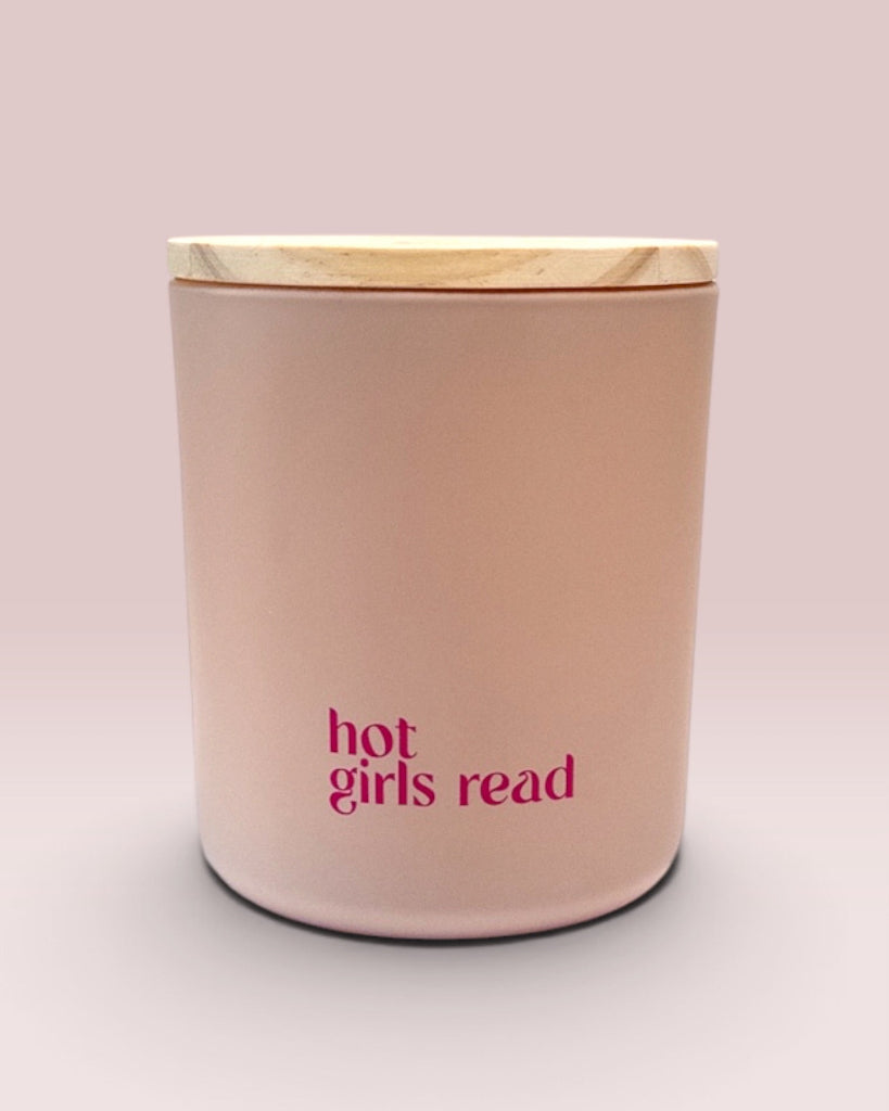 Hot Girls Read 9 oz double-wick candle in matte blush glass with wooden lid
