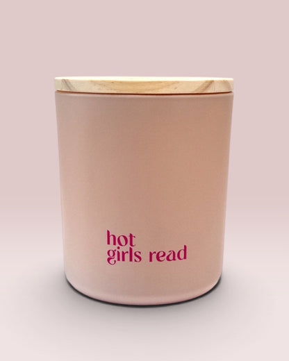 Hot Girls Read 9 oz double-wick candle in matte blush glass with wooden lid
