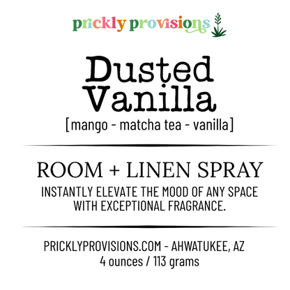 Label for Dusted Vanilla room and linen spray by Prickly Provisions