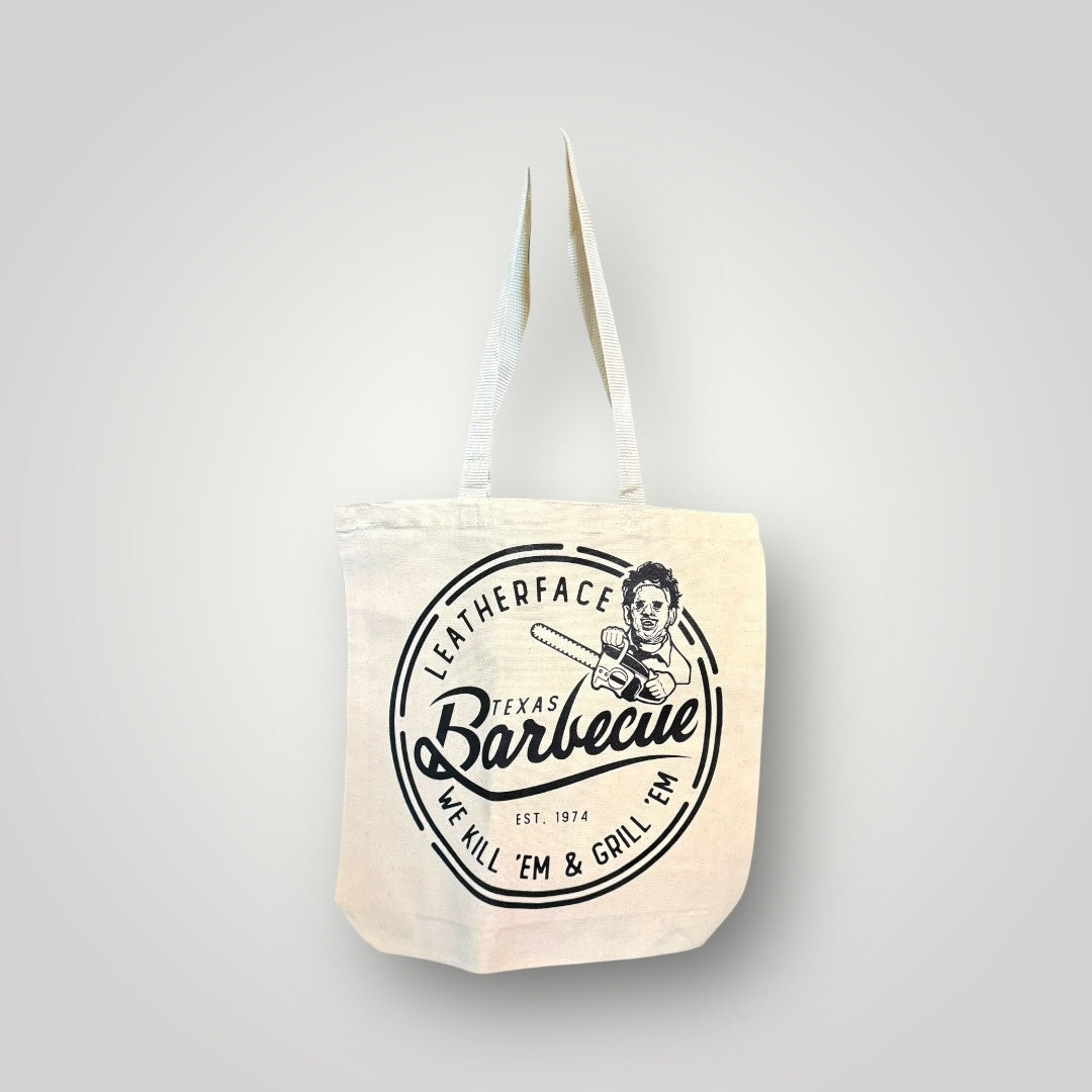 Tote bag with 'Leatherface Texas Barbecue' logo on a white background