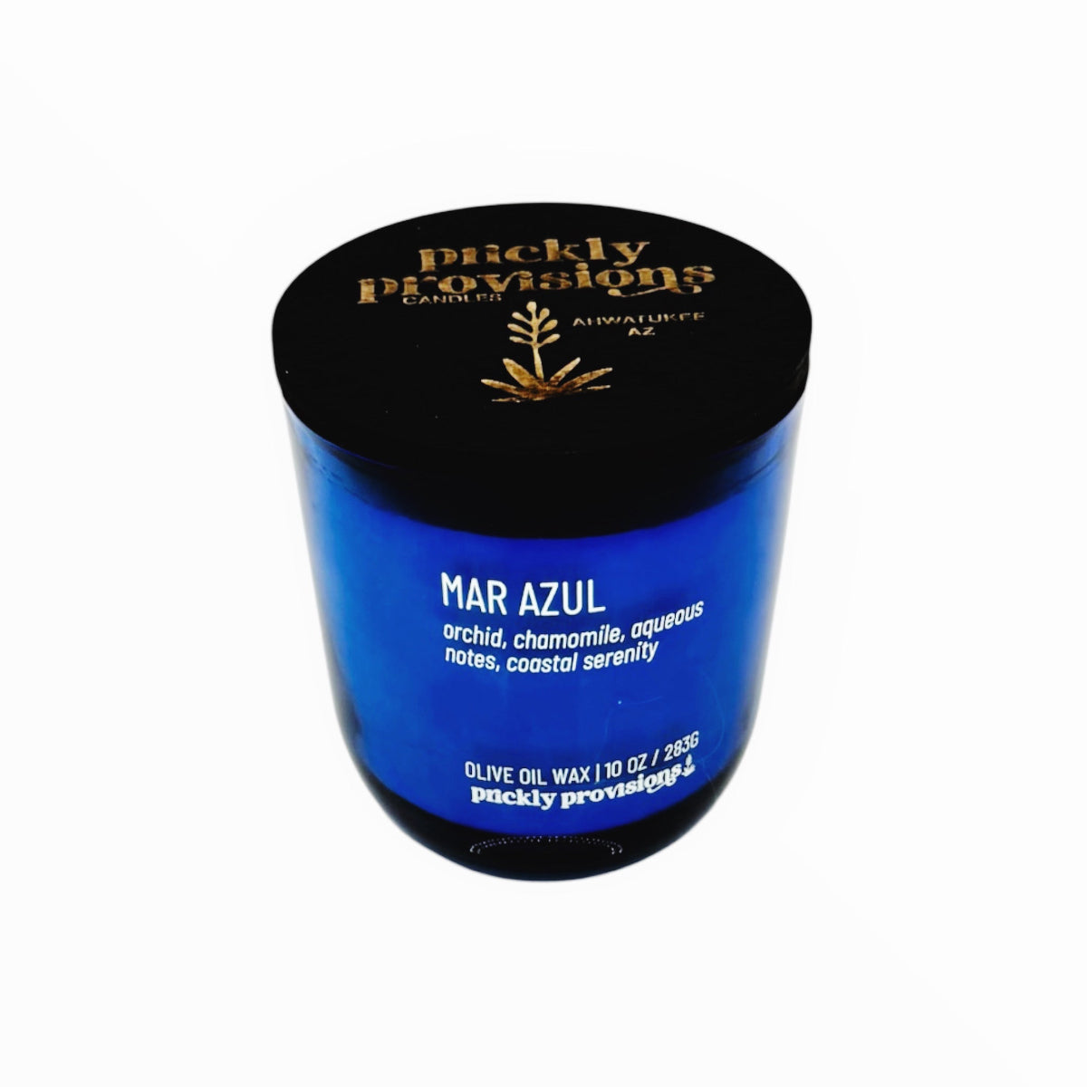 Blue container with black lid featuring 'Prickly Provisions' branding on a white background
