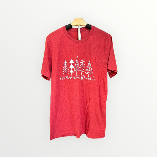 Red t-shirt with white tree design and text on a hanger against a white background