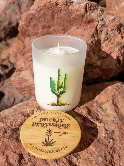 Candle with cactus design and 'Prickly Provisions' label on a rock surface