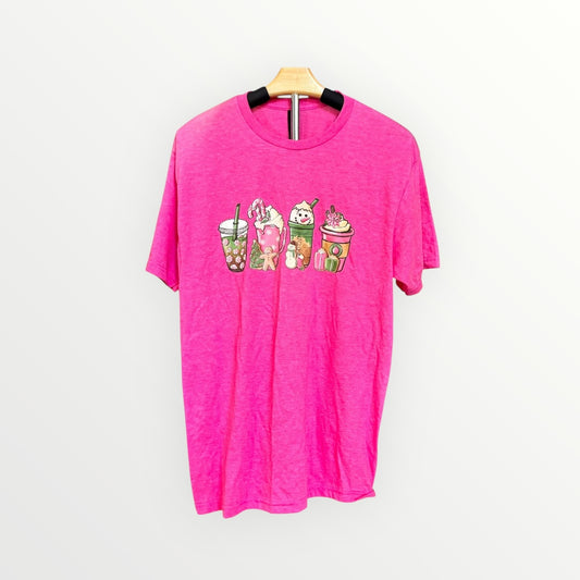 Pink t-shirt with ice cream cone design on a white background
