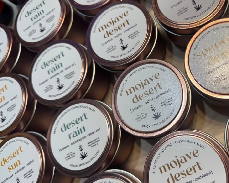 Prickly Provisions 4 oz coconut soy candles in copper-tone tins