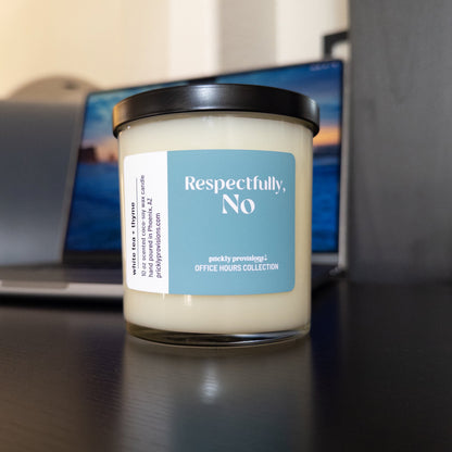 Respectfully, No 10 oz double-wick office candle with black metal lid.