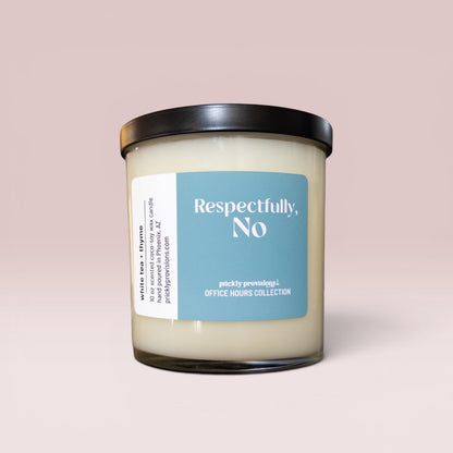 Respectfully, No 10 oz double-wick office candle with black metal lid.